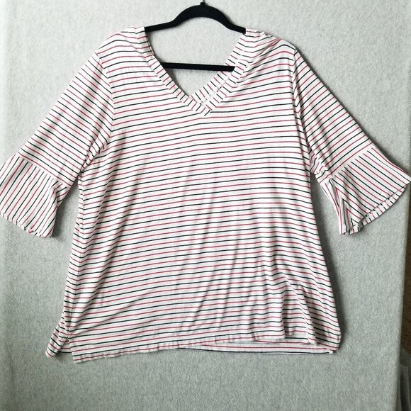 J Jill Size XL Striped VNeck Stretch Tunic Top Pullover 3/4 Bell Sleeve Comfy - Picture 1 of 8